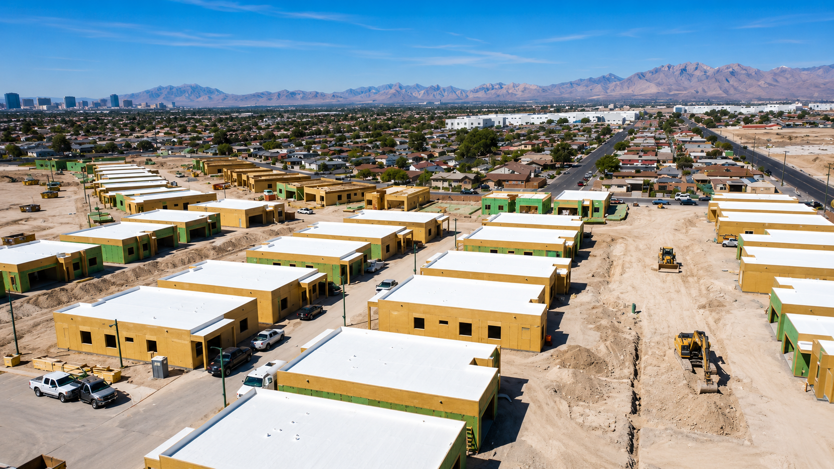 Aerial of the New Windsor Park construction site — dozens of new houses going up across eighteen acres with the Las Vegas skyline and mountains in the distance