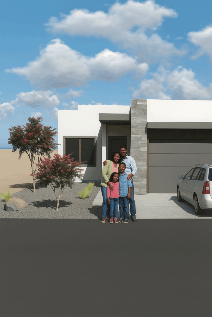 A family standing in front of a new Windsor Park house